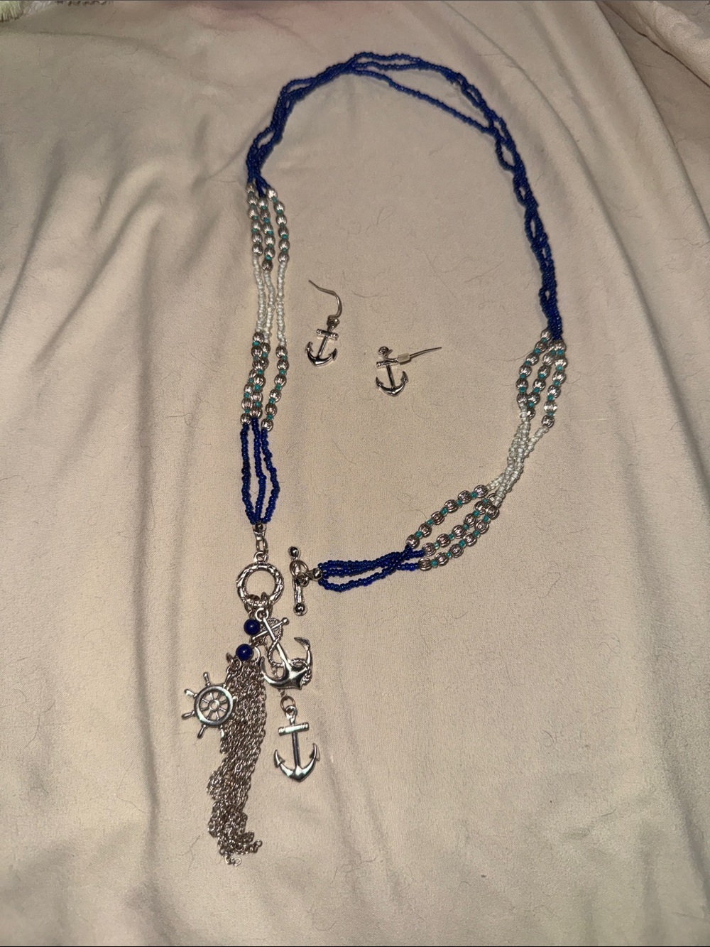 Silver Anchor Charm Necklace and Earring Set - Blue Beaded Women's Jewelry